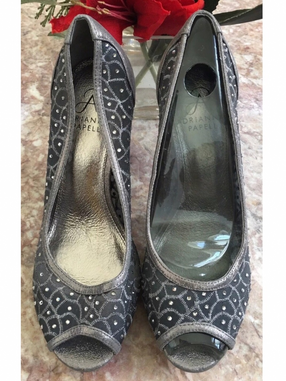 Adrianna Papell Foxy Rhinestones Mesh Gunmetal Peep-Toe Size EU 38. Dress Pumps.
